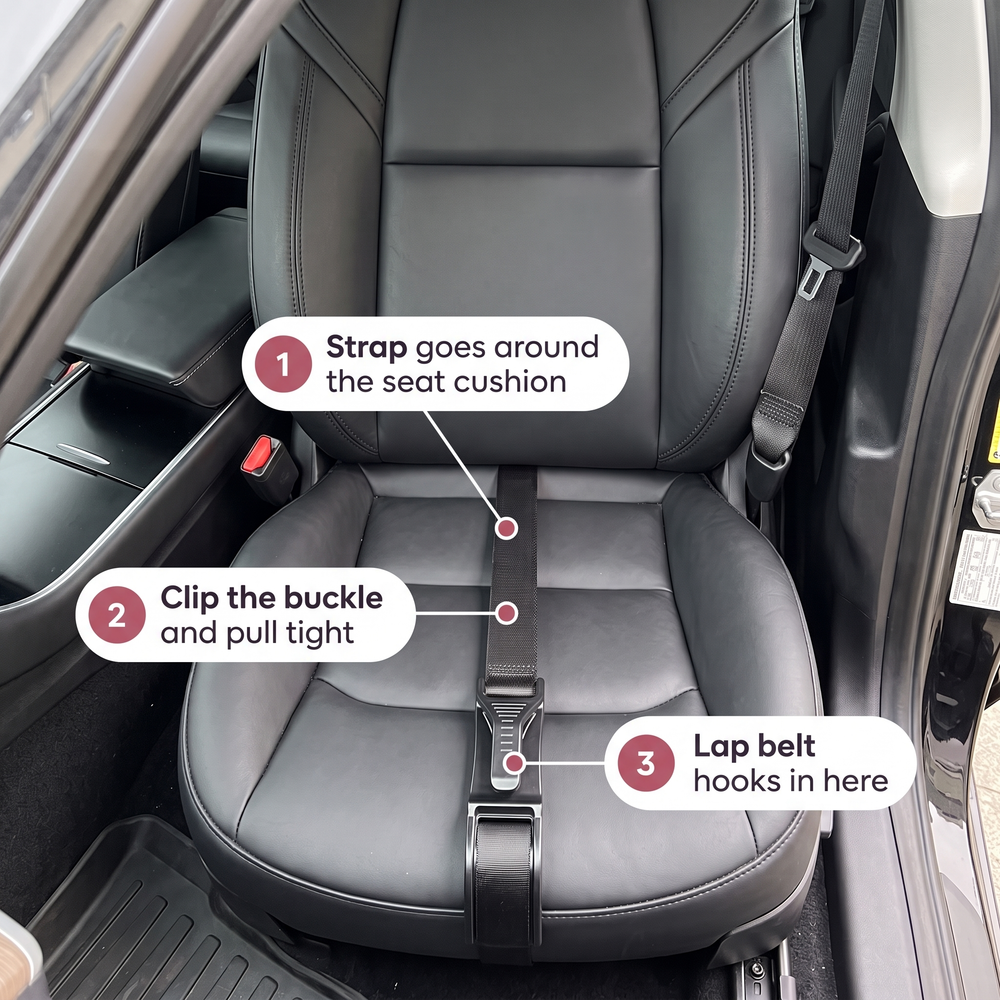 Installs in about a minute: strap around the seat cushion, clip the buckle, hook the lap belt