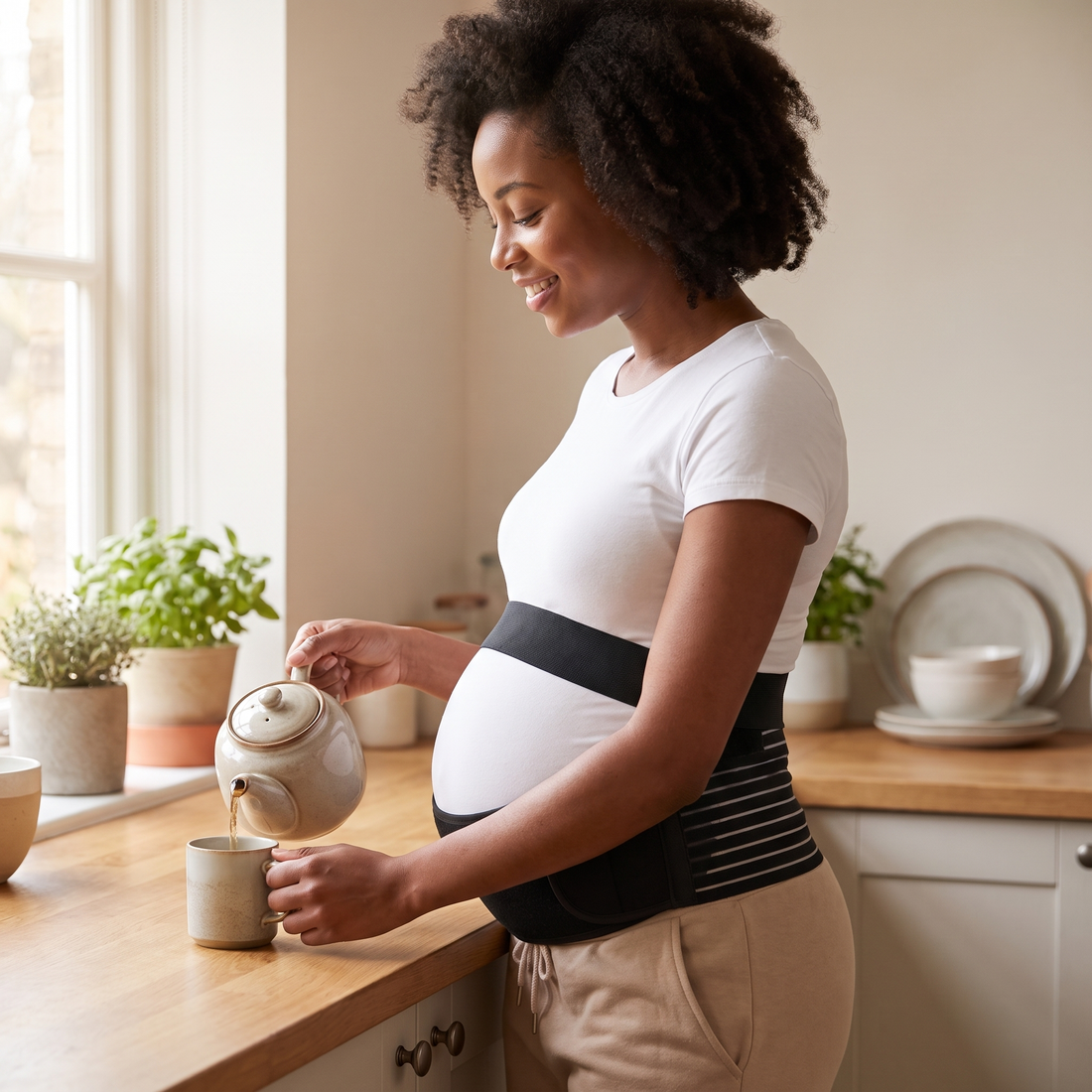 Pregnant woman standing at a kitchen counter wearing a support belt