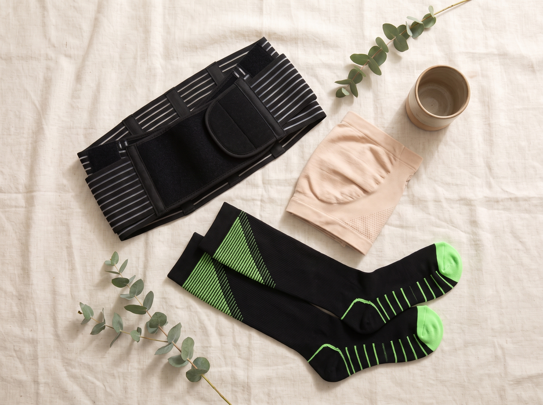 A pregnancy support belt, a seamless belly band and compression socks laid flat