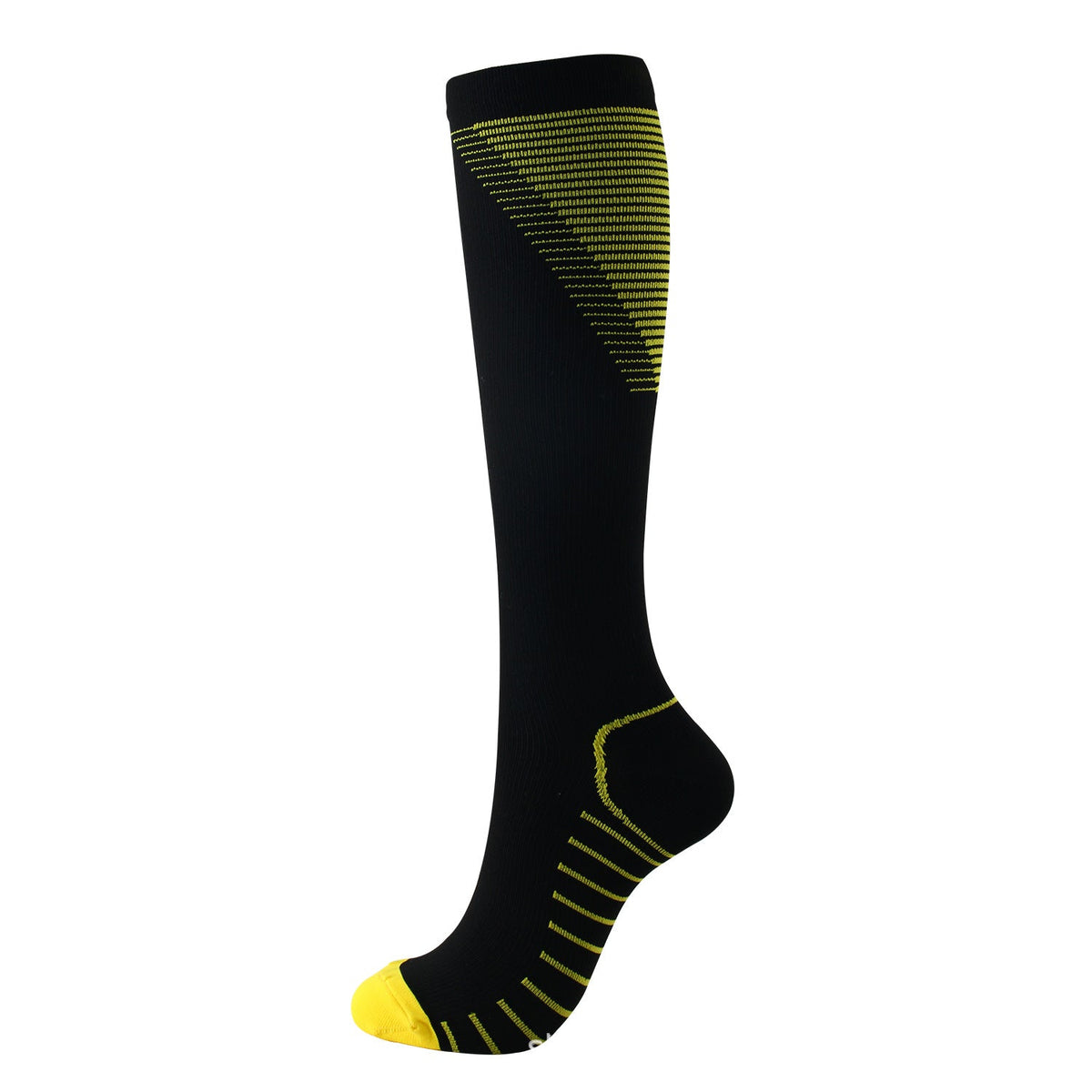 Black knee-high compression sock with yellow accents, side view