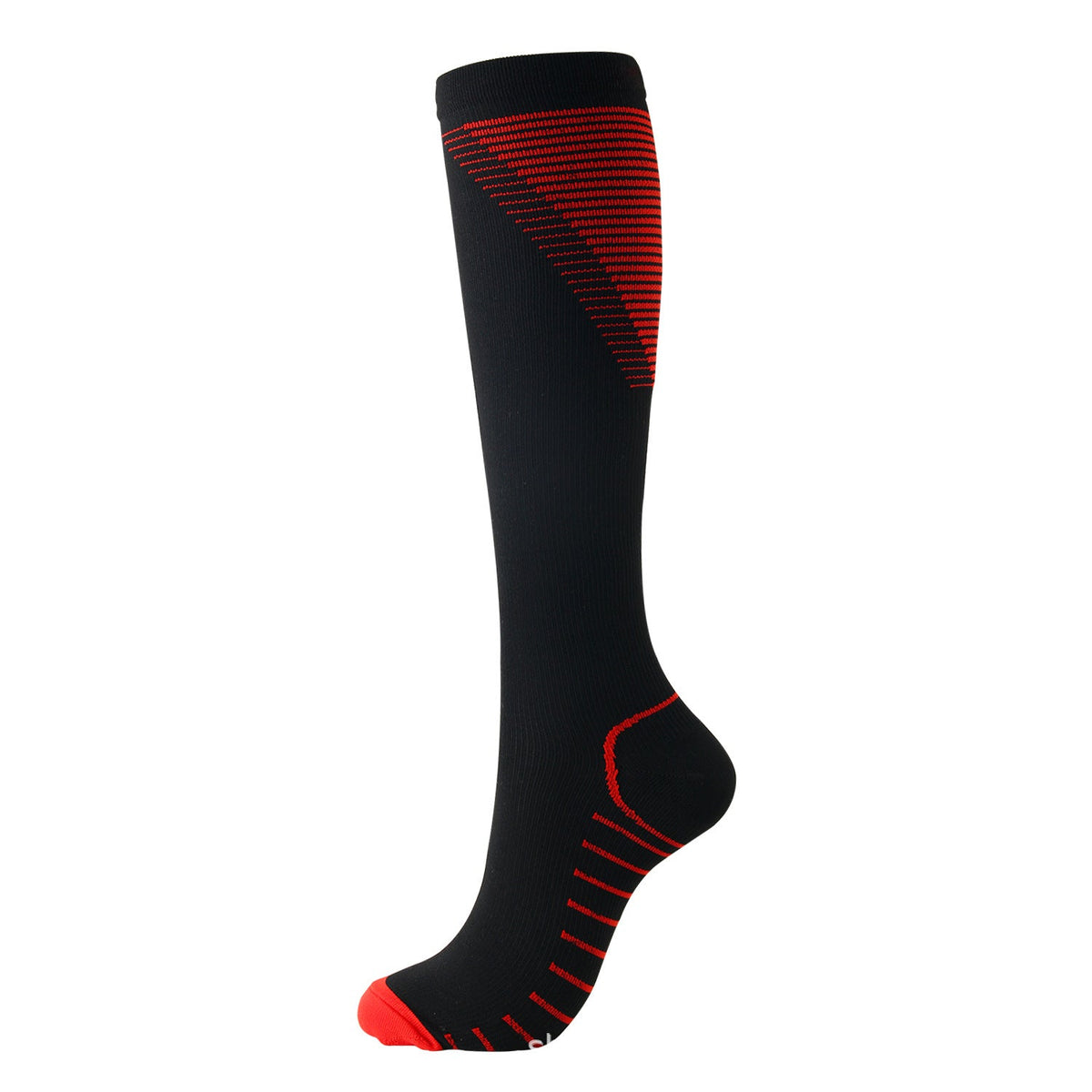 Black knee-high compression sock with red accents, side view