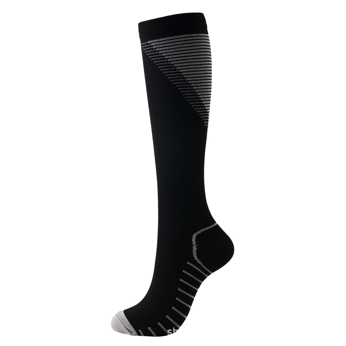 Black knee-high compression sock with grey accents, side view