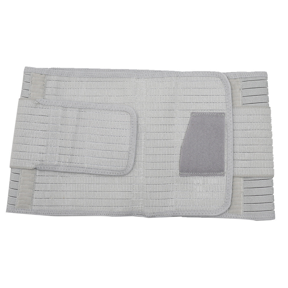 Light grey postpartum belly wrap laid flat, showing the hook-and-loop closure