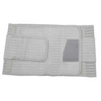 Light grey postpartum belly wrap laid flat, showing the hook-and-loop closure