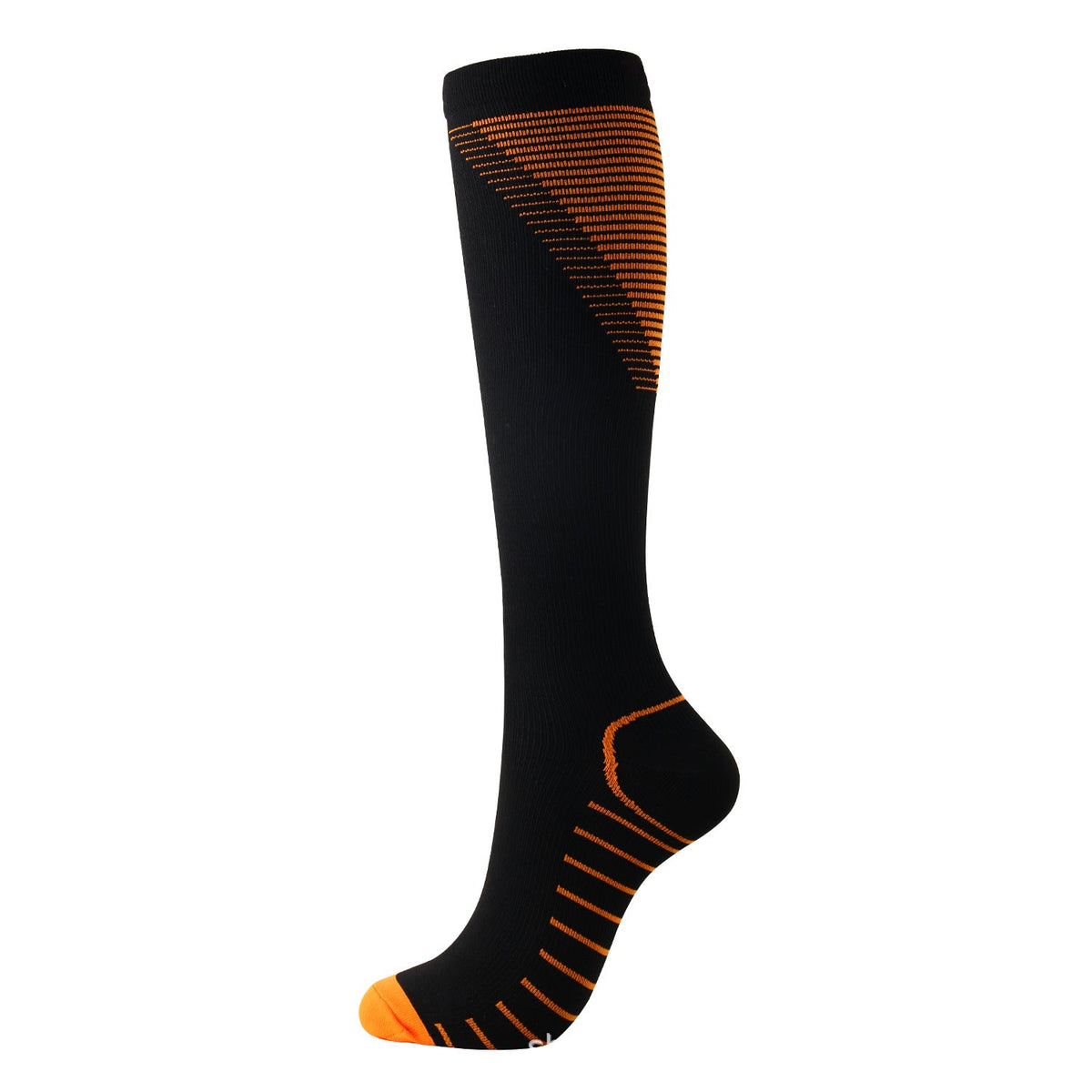 Black knee-high compression sock with orange accents, side view