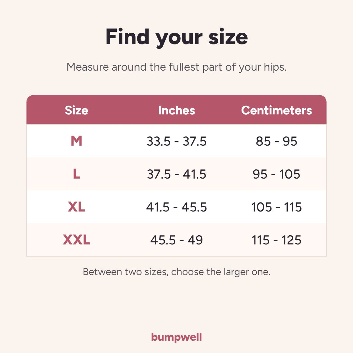Size chart for the belly band, M to XXL, by hip measurement