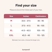 Size chart for the belly band, M to XXL, by hip measurement