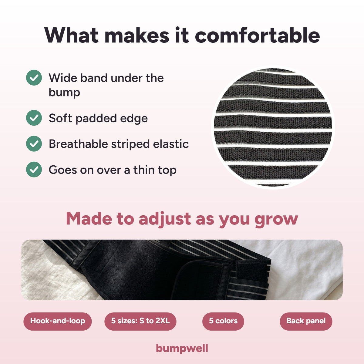 Infographic: wide band under the bump, padded edge, breathable elastic, hook-and-loop, five sizes and five colors