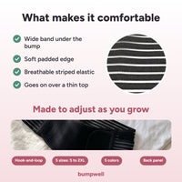 Infographic: wide band under the bump, padded edge, breathable elastic, hook-and-loop, five sizes and five colors