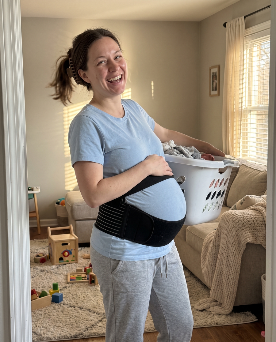 Pregnant woman carrying a laundry basket at home, wearing the black support belt