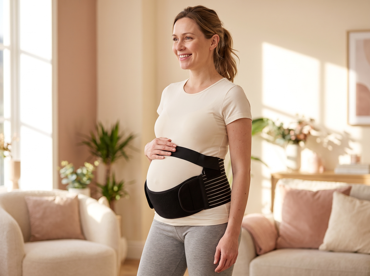 Smiling pregnant woman wearing the black belly support belt over a cream t-shirt in a bright living room
