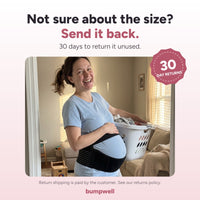 Pregnant woman wearing the support belt, with the text: not sure about the size, send it back within 30 days