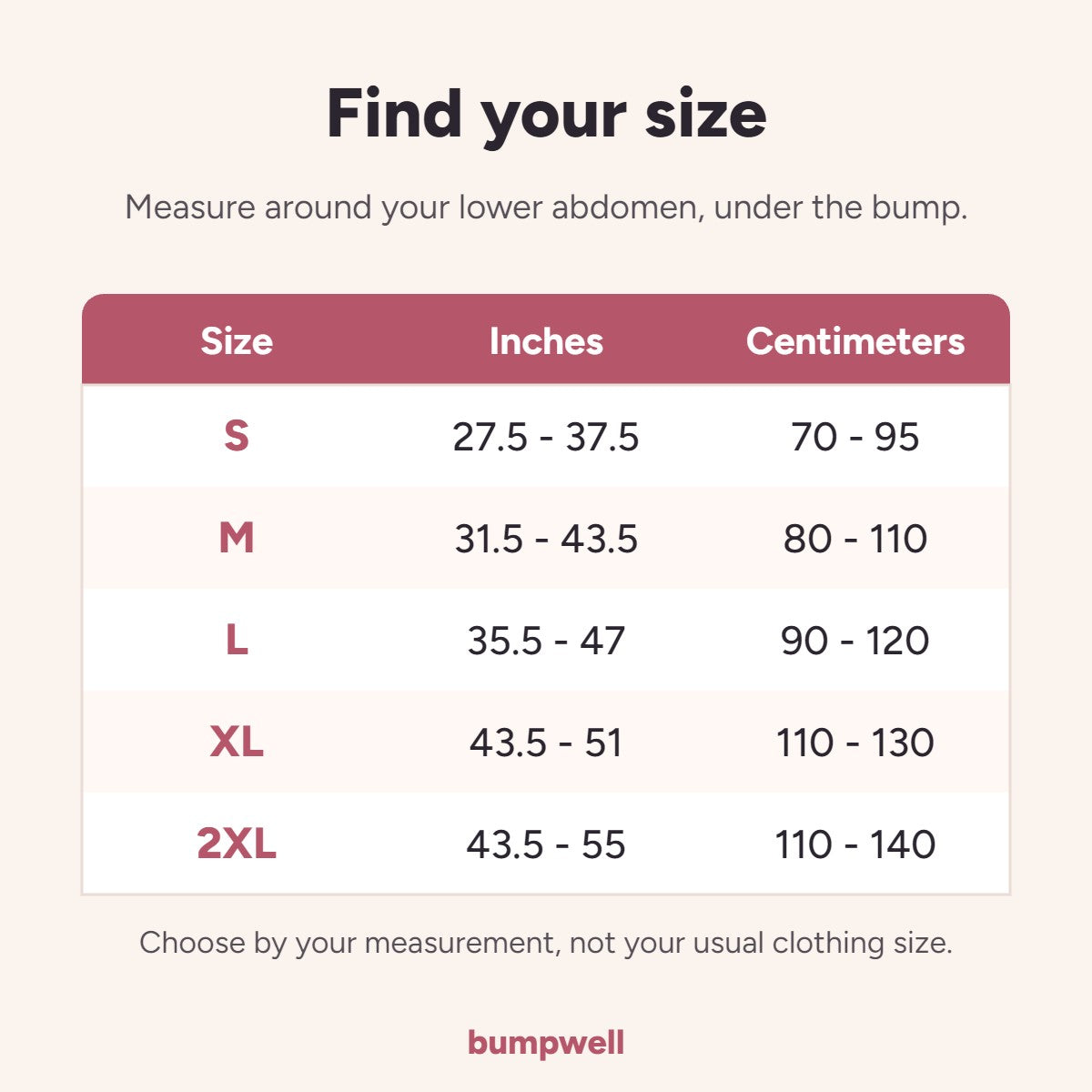 Size chart for the support belt, S to 2XL, in inches and centimeters