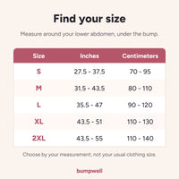 Size chart for the support belt, S to 2XL, in inches and centimeters
