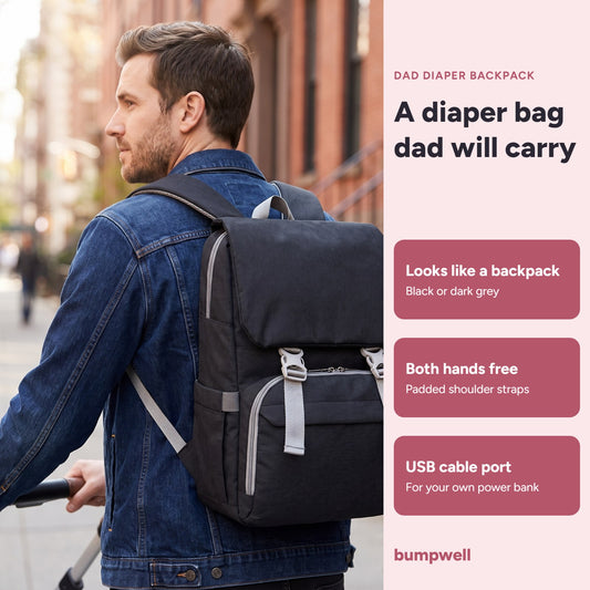Father walking with a stroller wearing the black Bumpwell dad diaper backpack