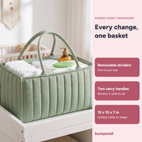 Bumpwell quilted diaper caddy organizer in sage with removable dividers and two carry handles