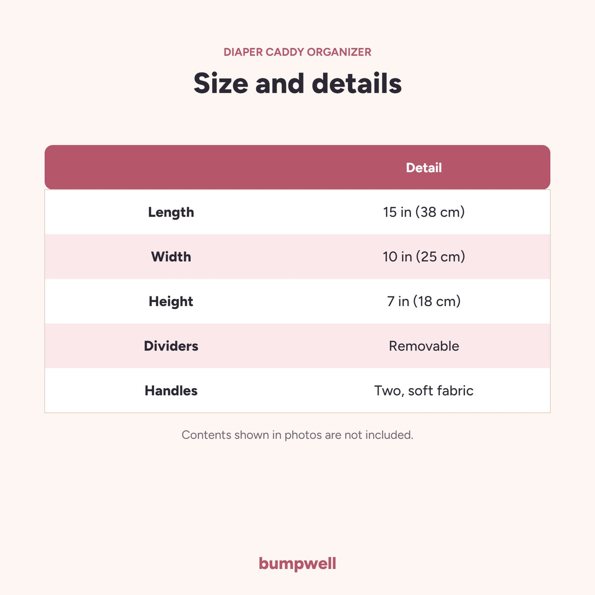 Bumpwell diaper caddy size: 15 x 10 x 7 inches, removable dividers, two fabric handles