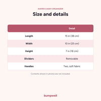 Bumpwell diaper caddy size: 15 x 10 x 7 inches, removable dividers, two fabric handles