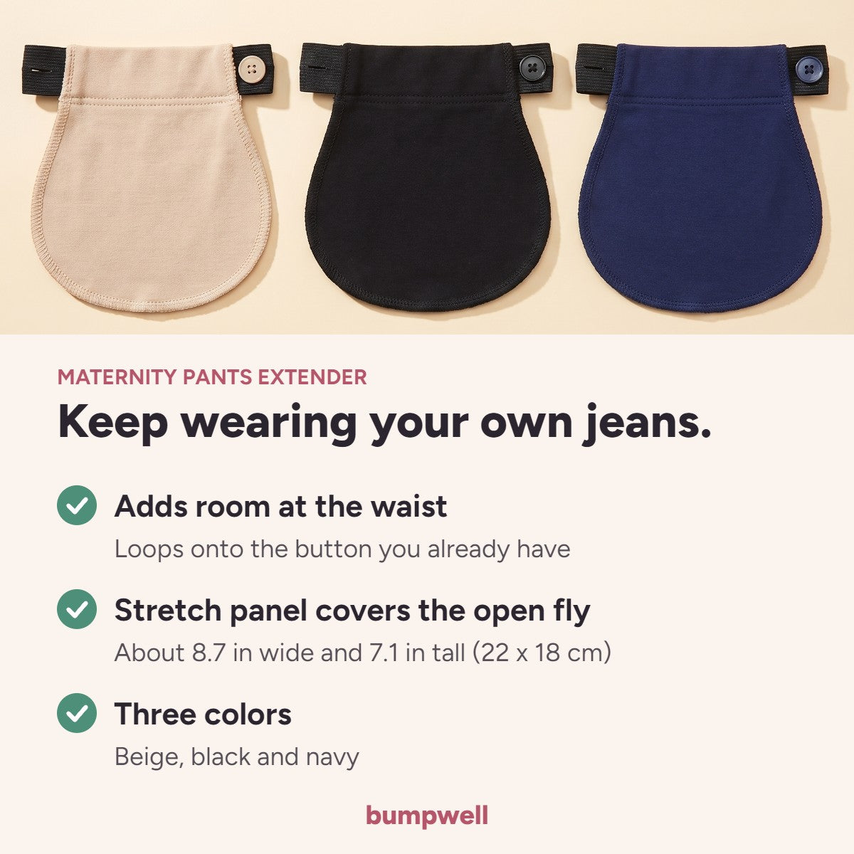 Infographic: the pants extender adds room at the waist, covers the open fly and comes in three colors