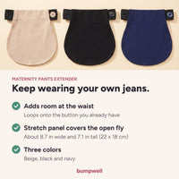 Infographic: the pants extender adds room at the waist, covers the open fly and comes in three colors