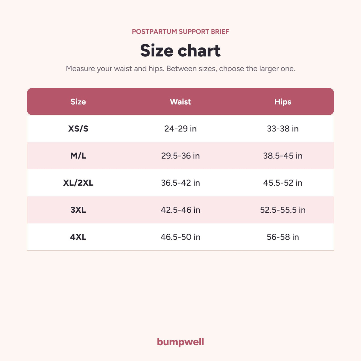 Bumpwell postpartum brief size chart with waist and hip measurements in inches, XS to 4XL