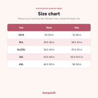 Bumpwell postpartum brief size chart with waist and hip measurements in inches, XS to 4XL