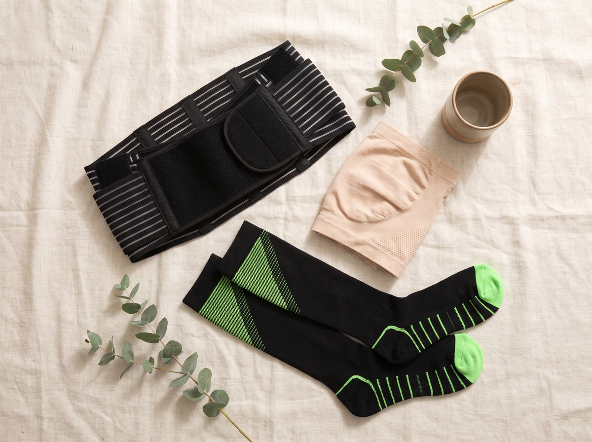 Flat lay of the black support belt, nude seamless belly band and black compression socks with green accents