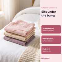 Bumpwell under-the-bump maternity underwear, pack of 3 in pink, beige and mauve, sizes M to 2XL
