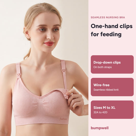 Bumpwell seamless nursing bra in blush pink with one-hand drop-down clips, wire-free, sizes M to XL