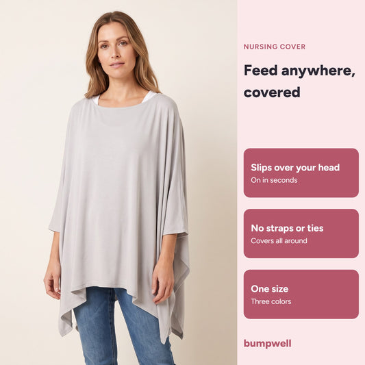 Woman wearing the grey Bumpwell poncho-style nursing cover, one size, three colors