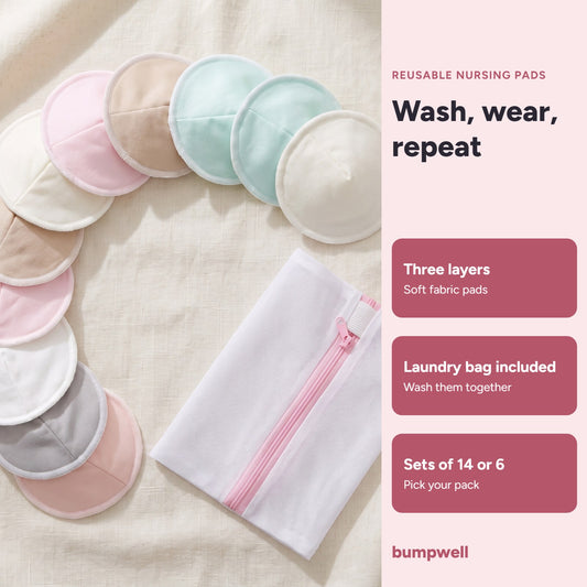 Bumpwell reusable nursing pads in pastel colors with a mesh laundry bag, sets of 14 or 6