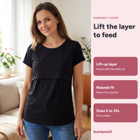 Bumpwell nursing T-shirt in black with a lift-up front layer, relaxed fit, sizes S to 3XL