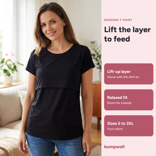 Bumpwell nursing T-shirt in black with a lift-up front layer, relaxed fit, sizes S to 3XL