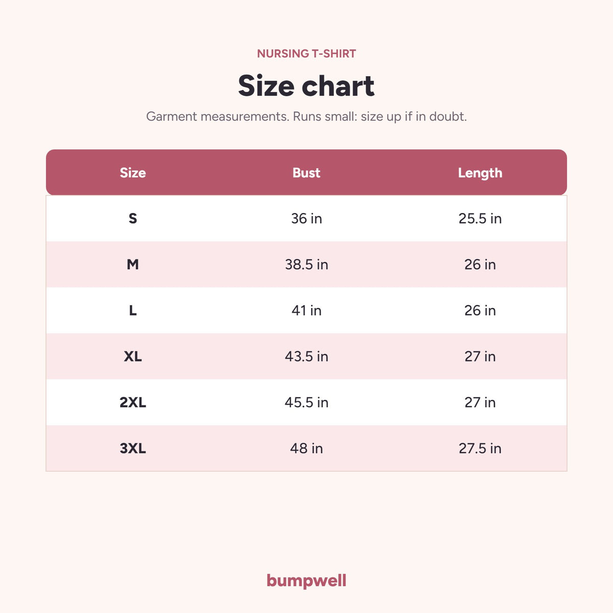 Bumpwell nursing T-shirt size chart with bust and length in inches for sizes S to 3XL