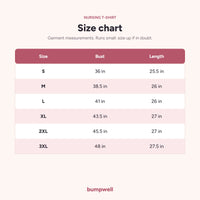 Bumpwell nursing T-shirt size chart with bust and length in inches for sizes S to 3XL