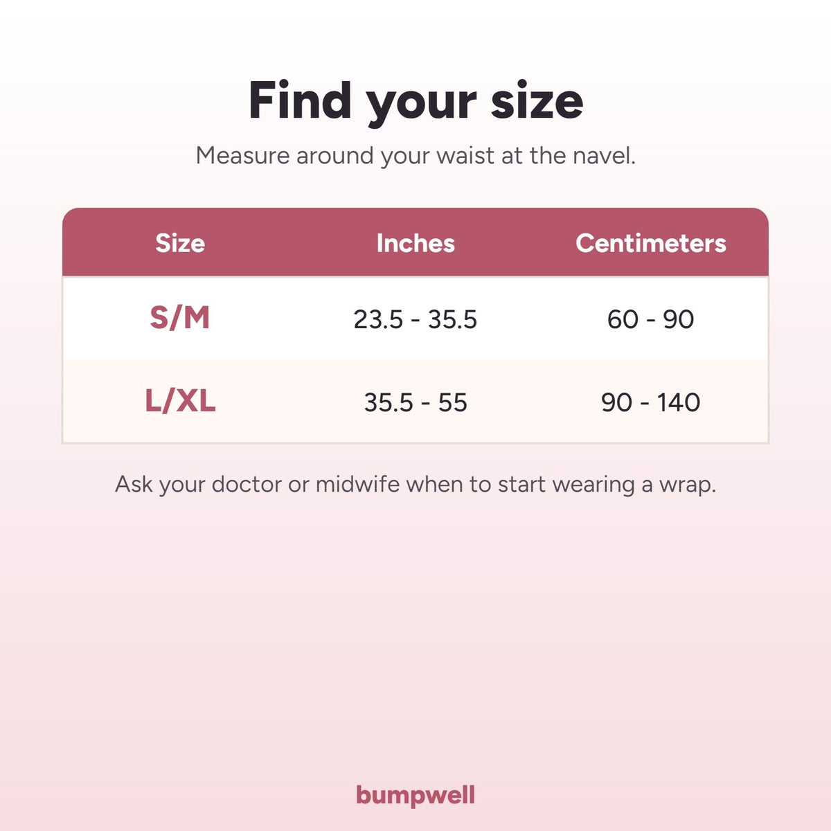 Size chart for the postpartum belly wrap, S/M and L/XL by waist measurement