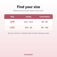 Size chart for the postpartum belly wrap, S/M and L/XL by waist measurement