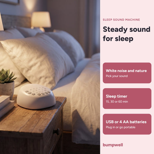Bumpwell sleep sound machine on a nightstand beside a bed at dusk