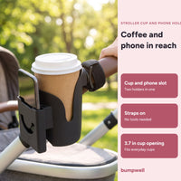 Bumpwell stroller cup holder with phone slot strapped to a stroller handlebar, holding a coffee cup