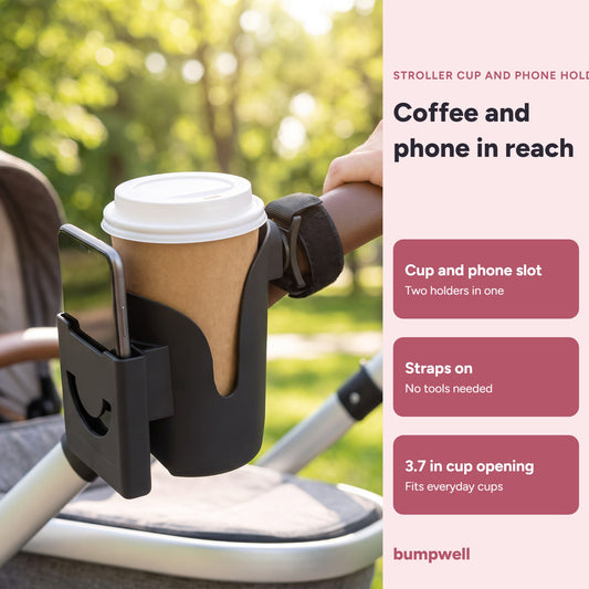 Bumpwell stroller cup holder with phone slot strapped to a stroller handlebar, holding a coffee cup