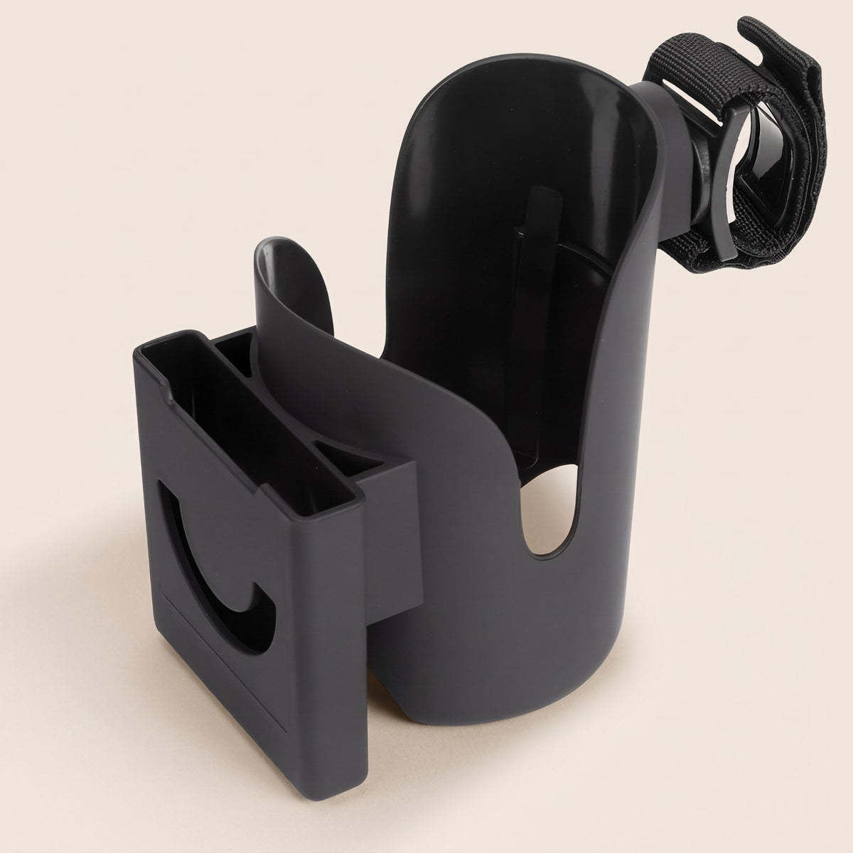 Black Bumpwell stroller cup holder with side phone slot and strap clamp