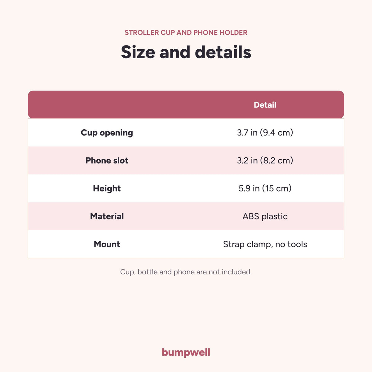Bumpwell stroller cup holder size: 3.7 inch cup opening, 3.2 inch phone slot, ABS plastic