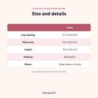 Bumpwell stroller cup holder size: 3.7 inch cup opening, 3.2 inch phone slot, ABS plastic