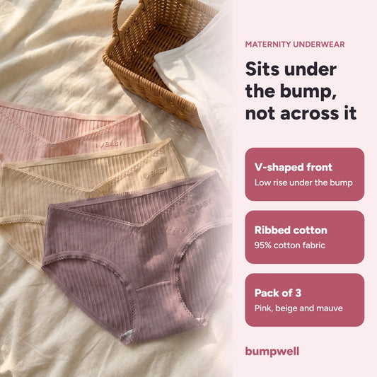 Three under-the-bump cotton maternity briefs in pink, beige and mauve: V-shaped front, ribbed cotton, pack of 3
