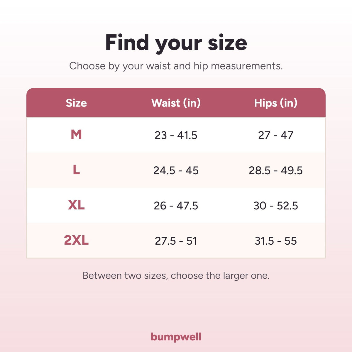 Size chart for the maternity underwear, M to 2XL by waist and hips