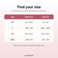 Size chart for the maternity underwear, M to 2XL by waist and hips