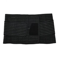 Black postpartum belly wrap laid flat, showing the hook-and-loop closure