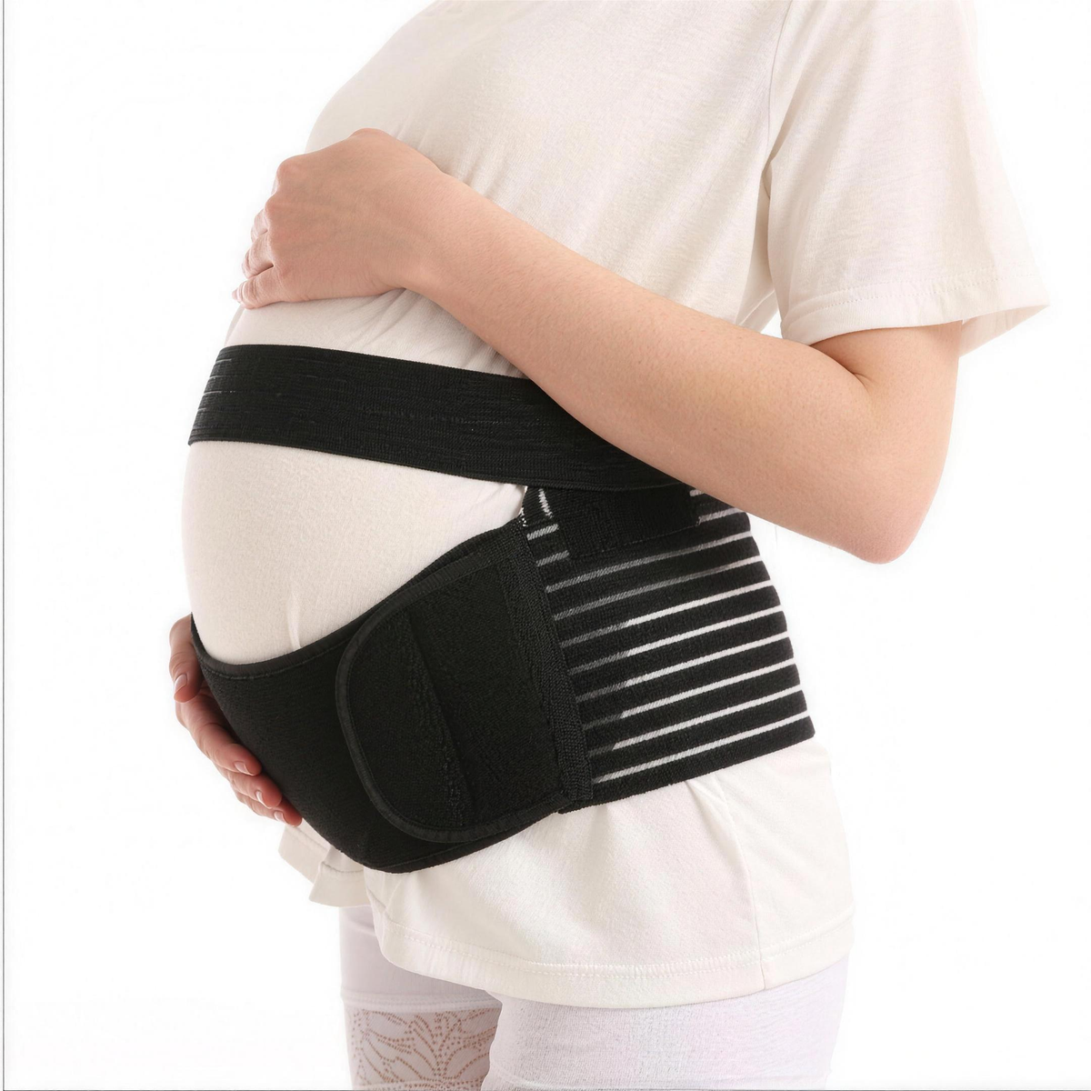 Pregnant woman wearing the black belly support belt, side view