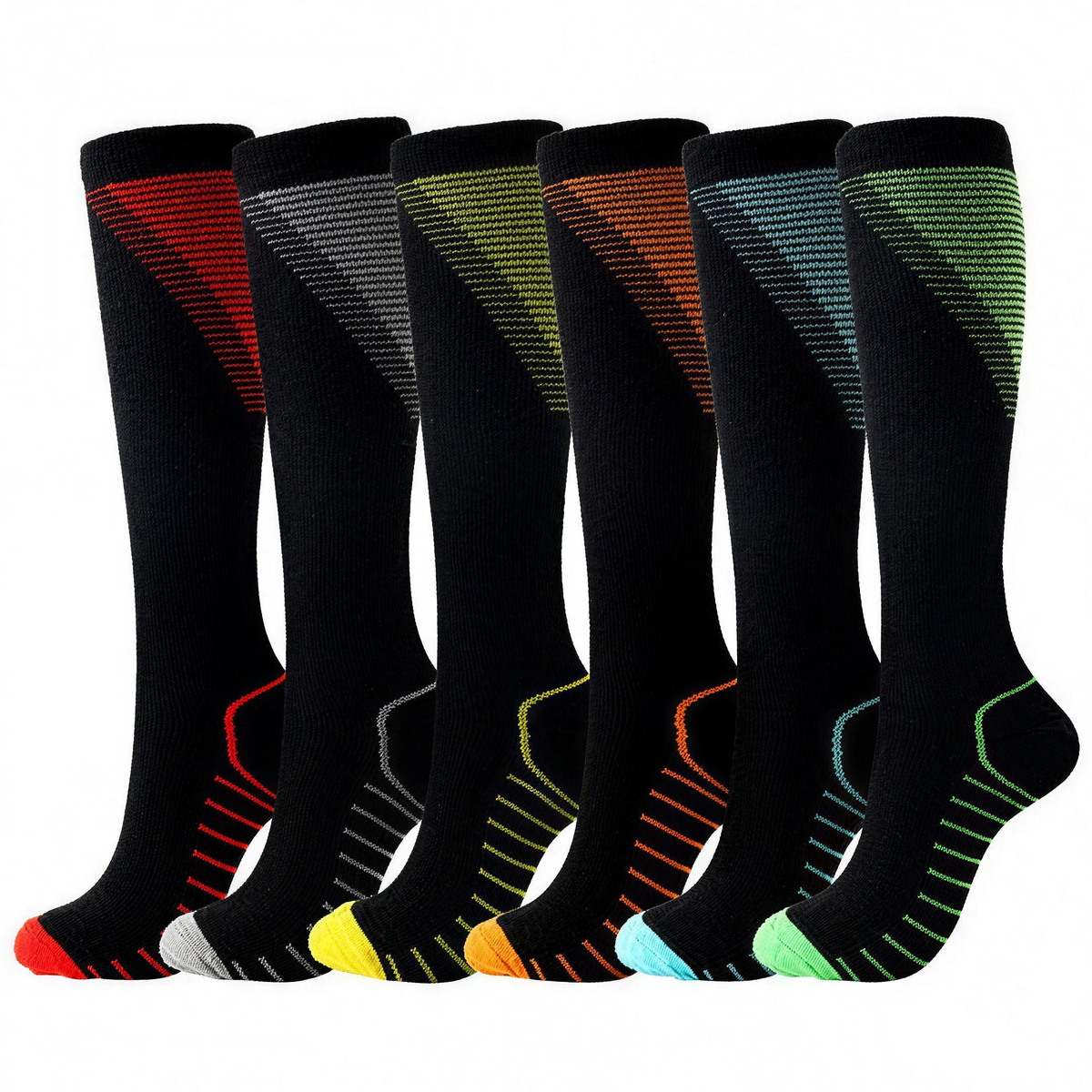Six pairs of black knee-high compression socks, each with a different accent color