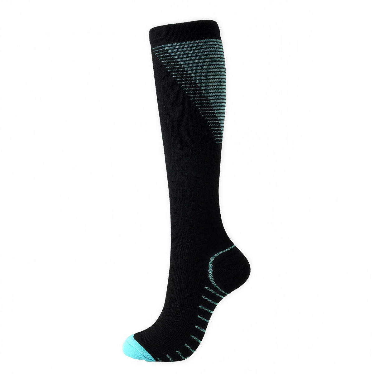 Black knee-high compression sock with blue accents, side view